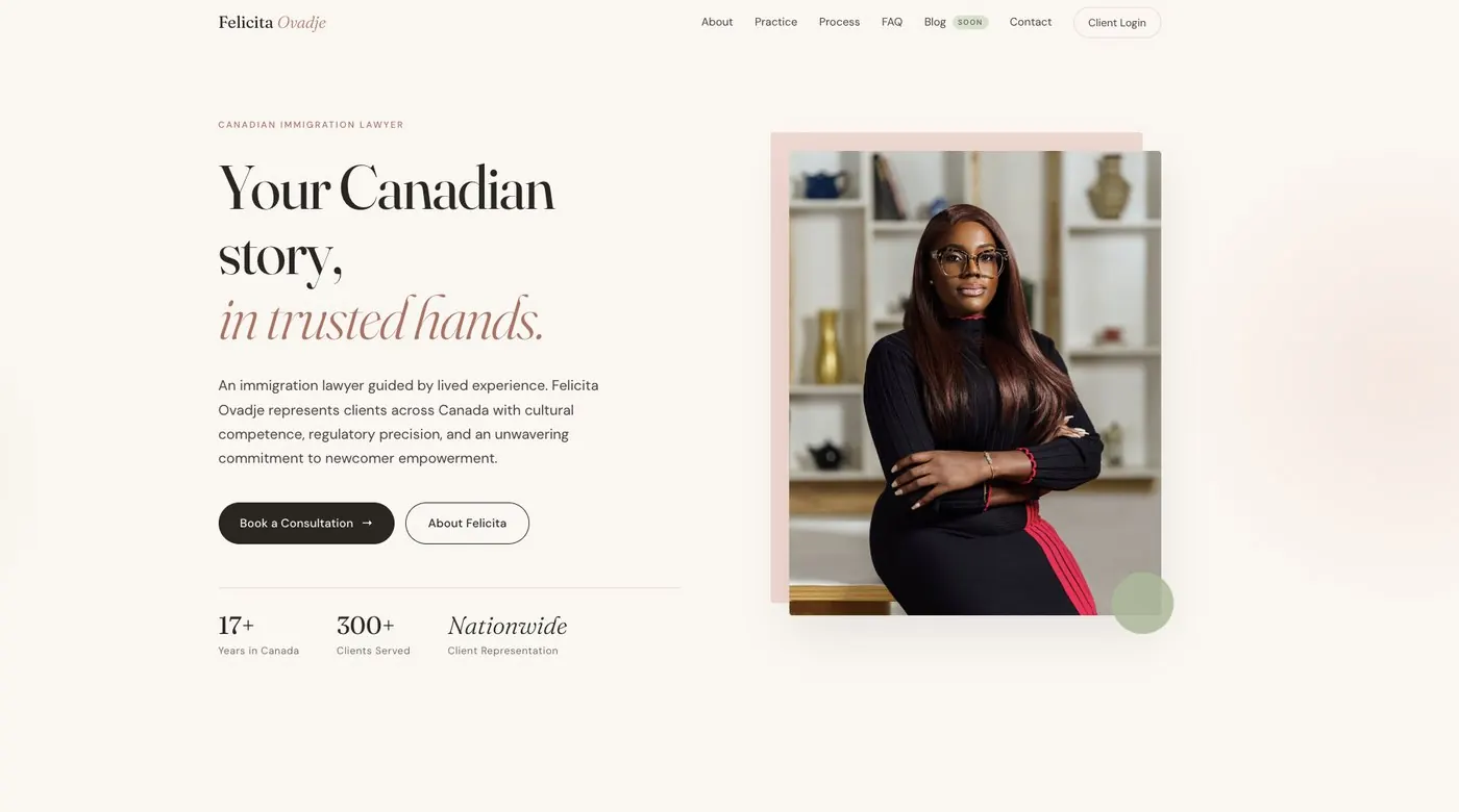 Le site web construit pour Felicita Ovadje, avocate en immigration canadienne